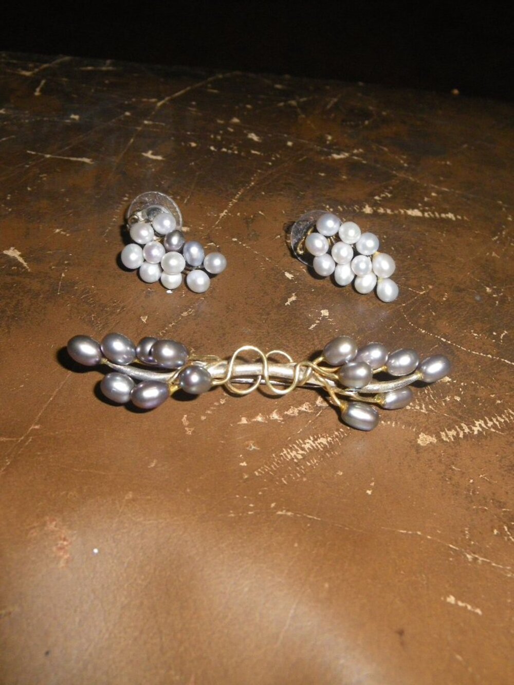 Women’s Vintage Sterling Silver Earrings & Brooch Set Pearls Grape Vines Cluster